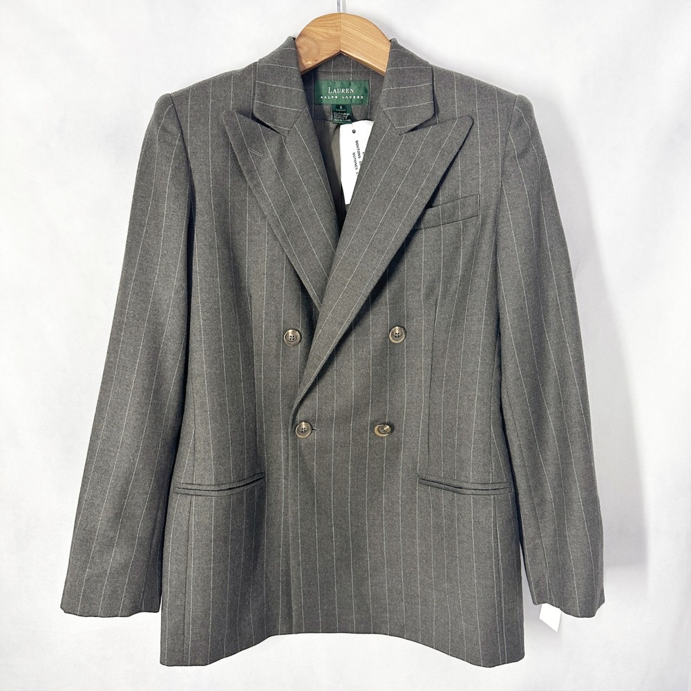 LRL 100%‎ Worsted Wool Gray Pinstripe Double Breasted Blazer Womens Size 6 NEW